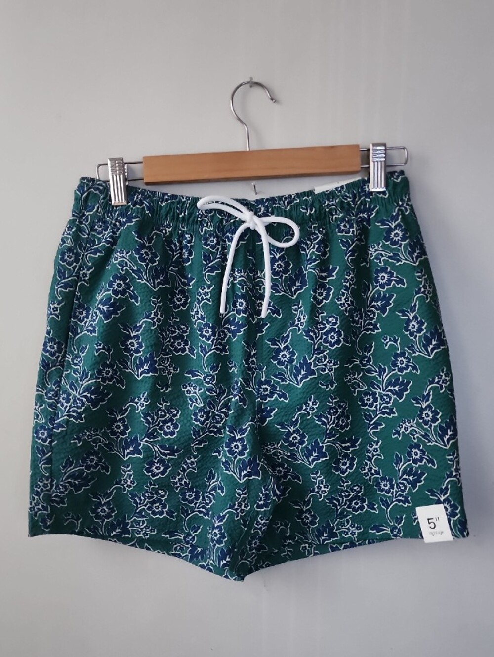 Men's Teal Floral Swim Trunks with White Drawstring - Picture 5 of 12